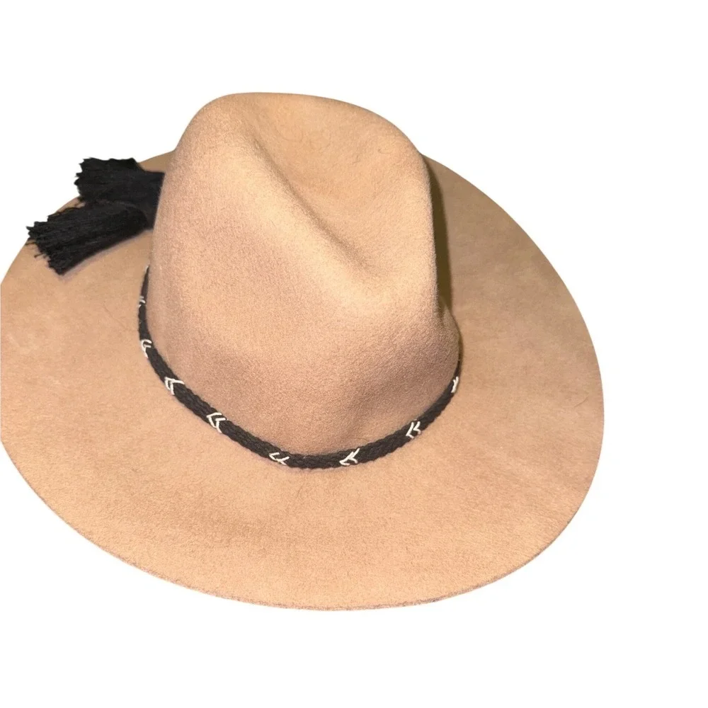 American Eagle Tan Wool Wide Brim Fedora Hat with Black Tassel Braided Band O/S